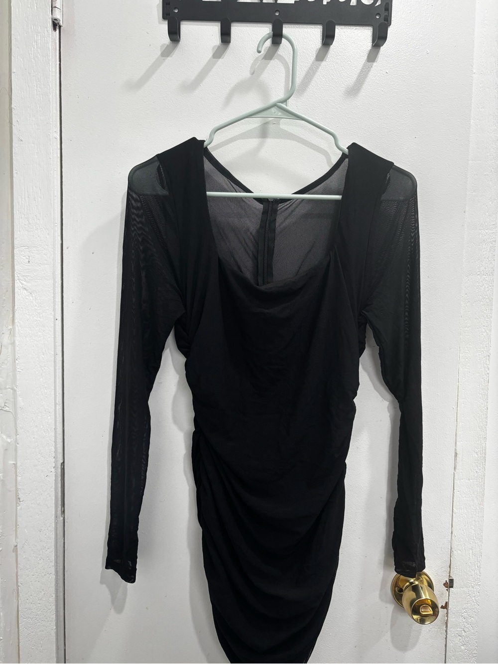 SHEIN Black Long-Sleeve Ruched Bodycon Dress with Sheer Sleeves